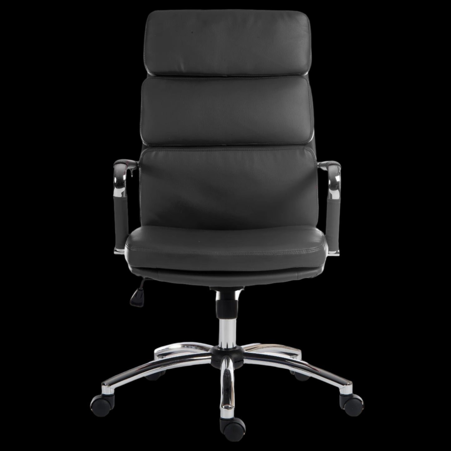 Black office chair with chrome base on a black background