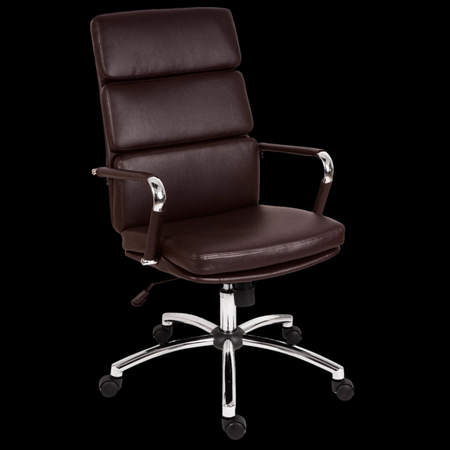 Brown office chair with chrome base on a black background