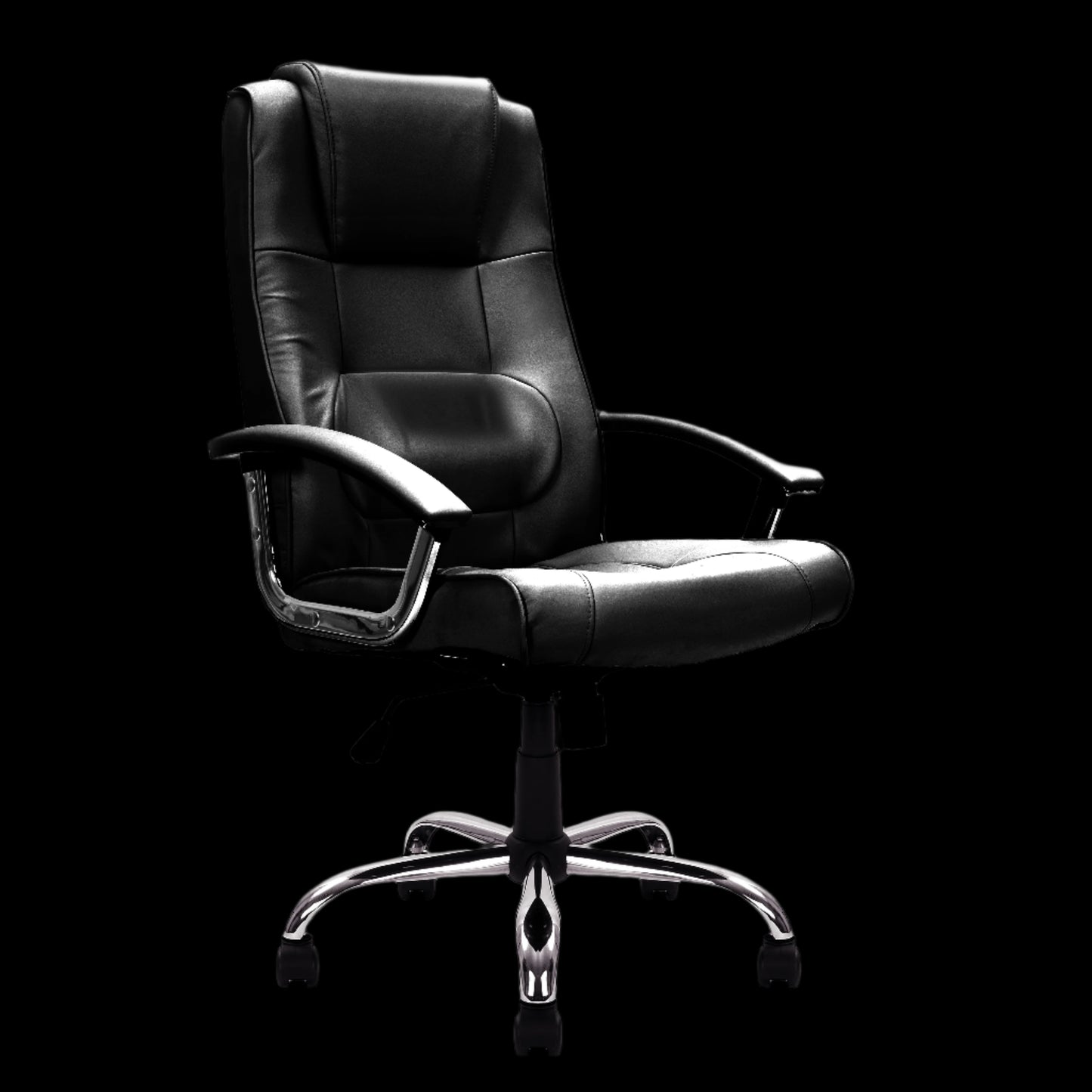 Black office chair with high backrest on a black background