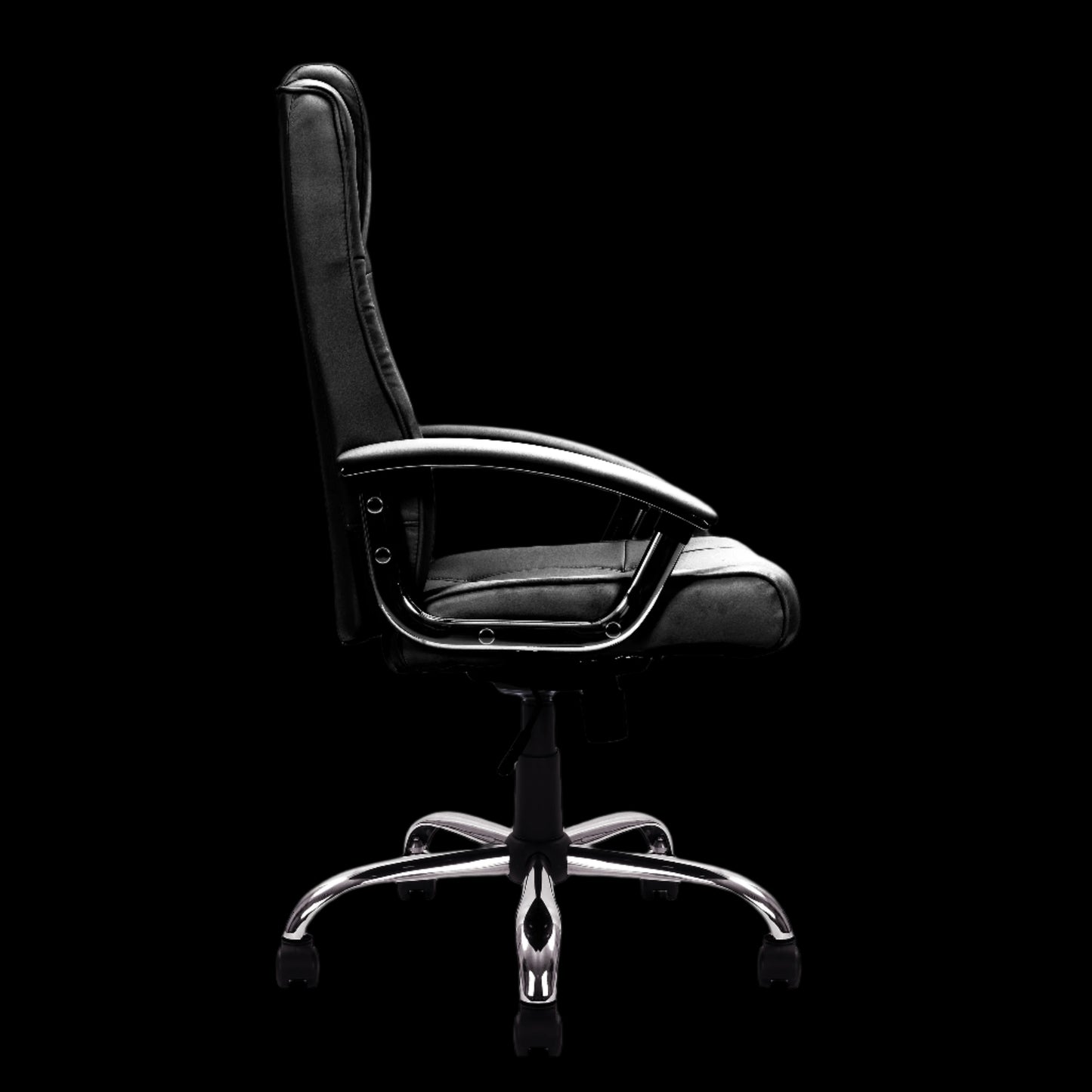 Black office chair with chrome base on a black background