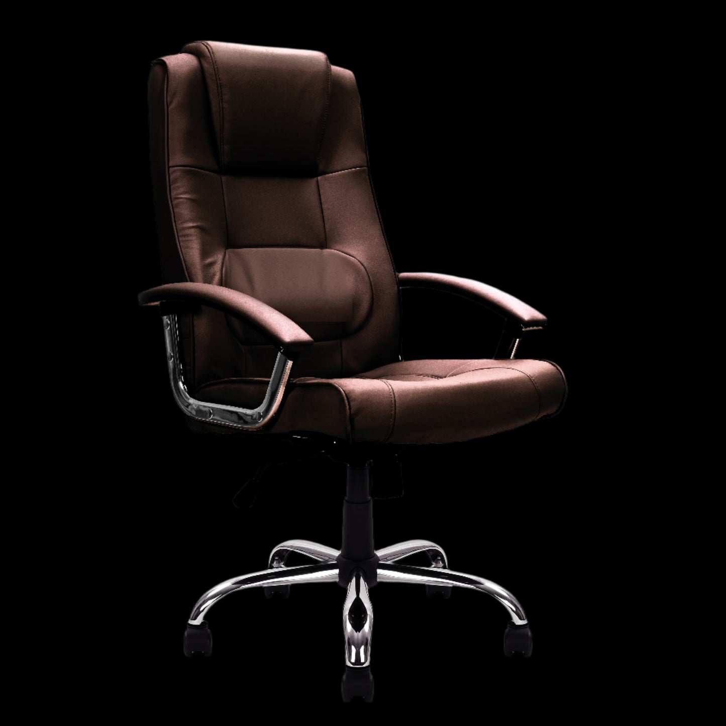 Brown office chair with chrome base on a black background