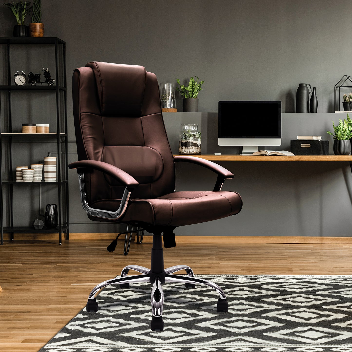 Brown office chair in a modern room with a desk and decor