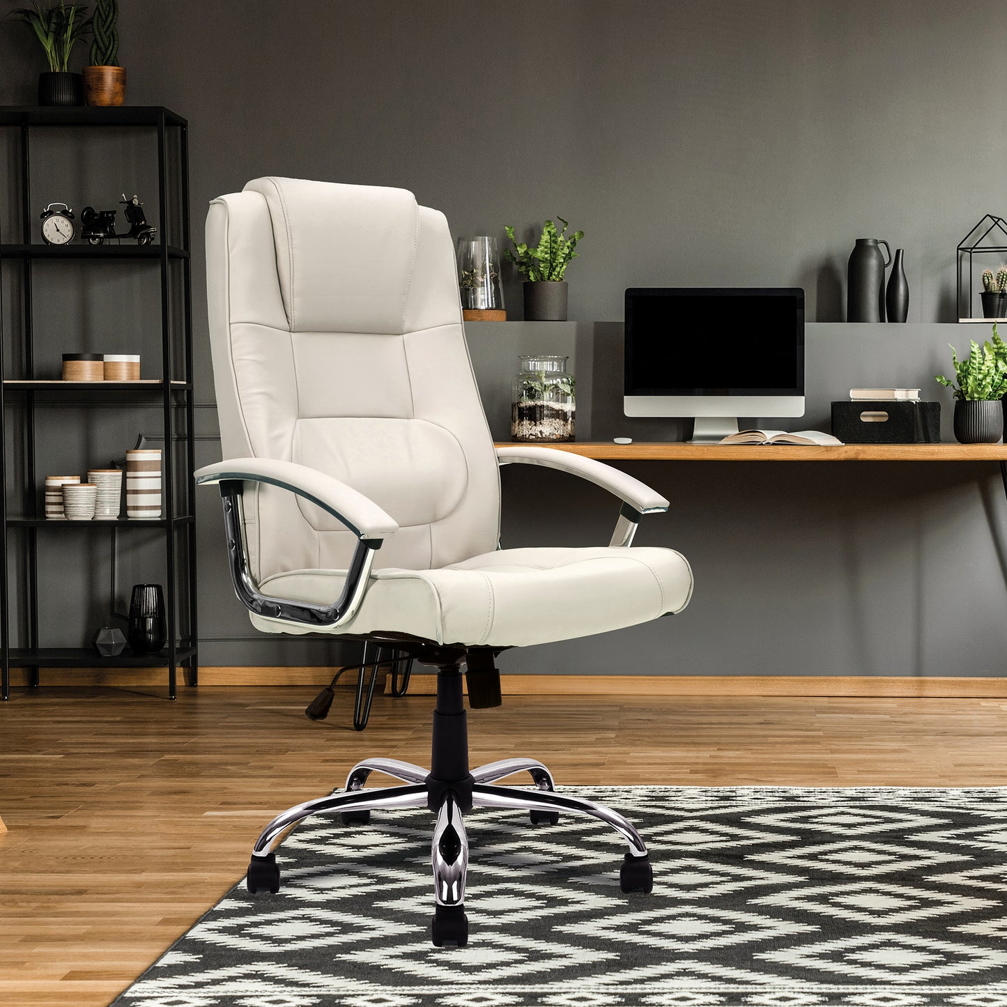White office chair in a modern home office setting with a desk and decor.