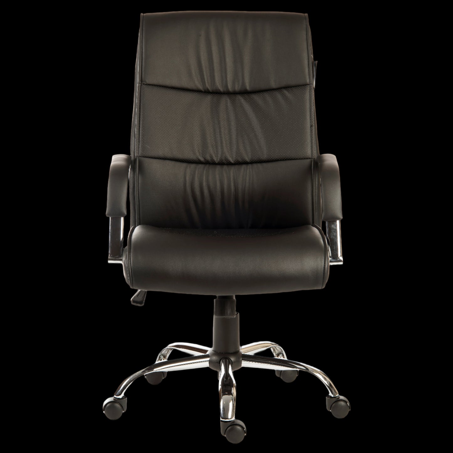 Black office chair with chrome base on a black background
