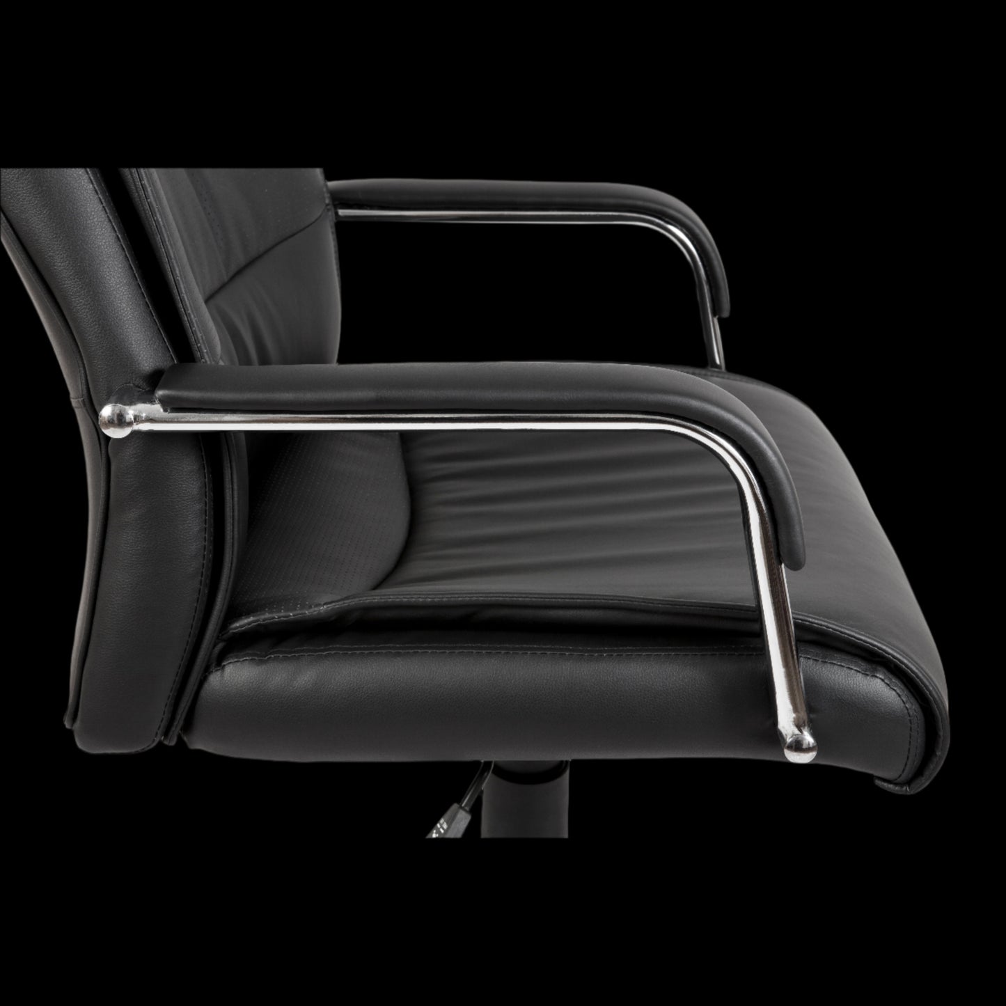 Black office chair with chrome armrests on a black background