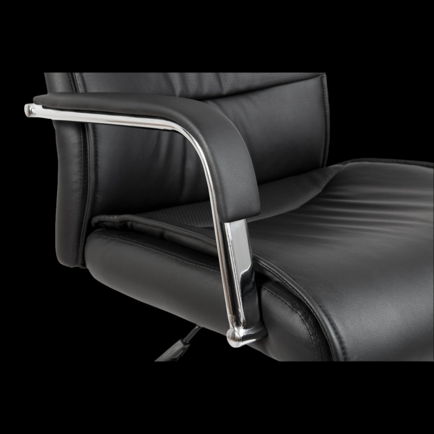 Black leather office chair with chrome armrests on a black background