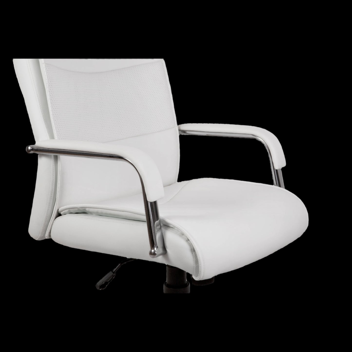 White office chair with chrome accents on a black background