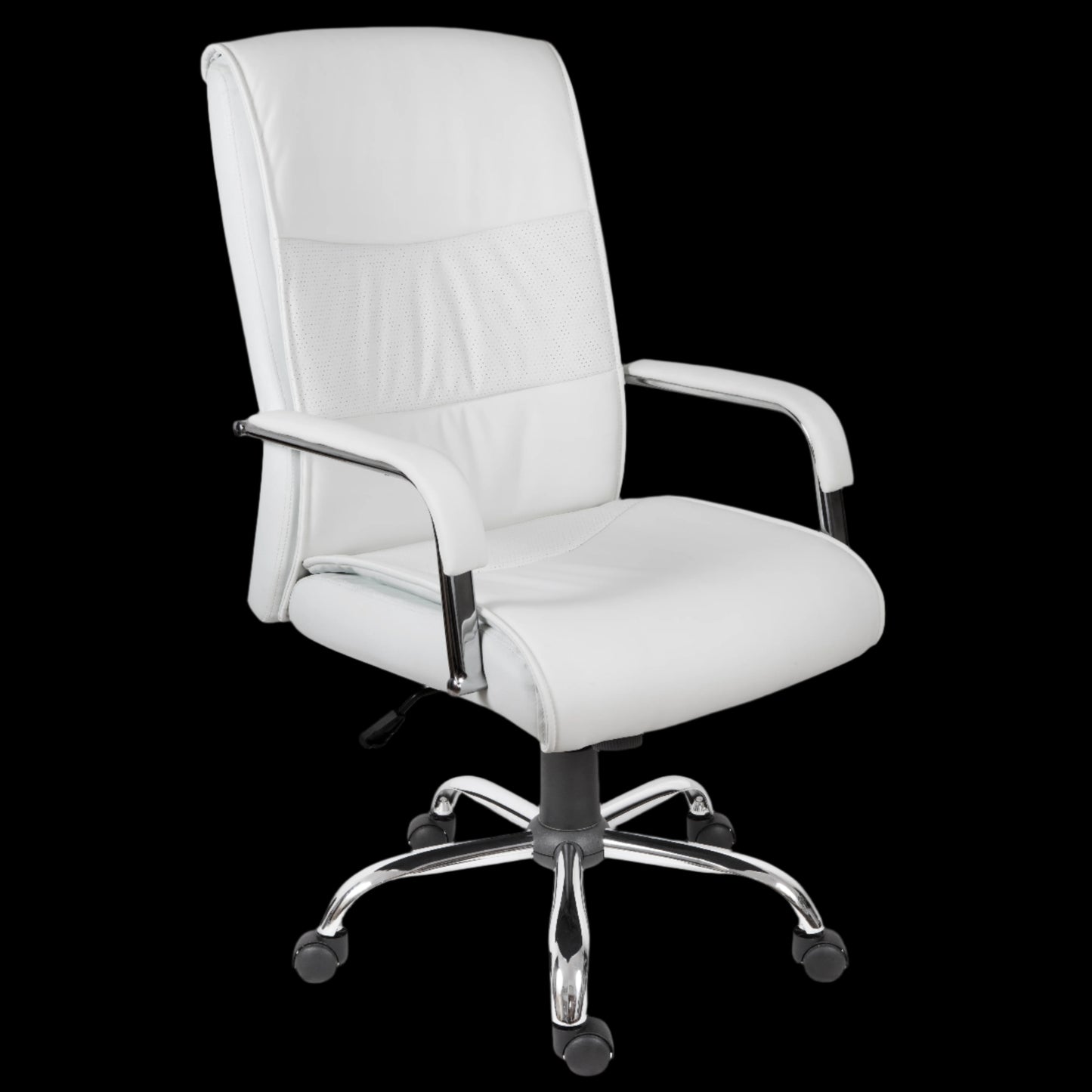 White office chair with chrome base on a black background