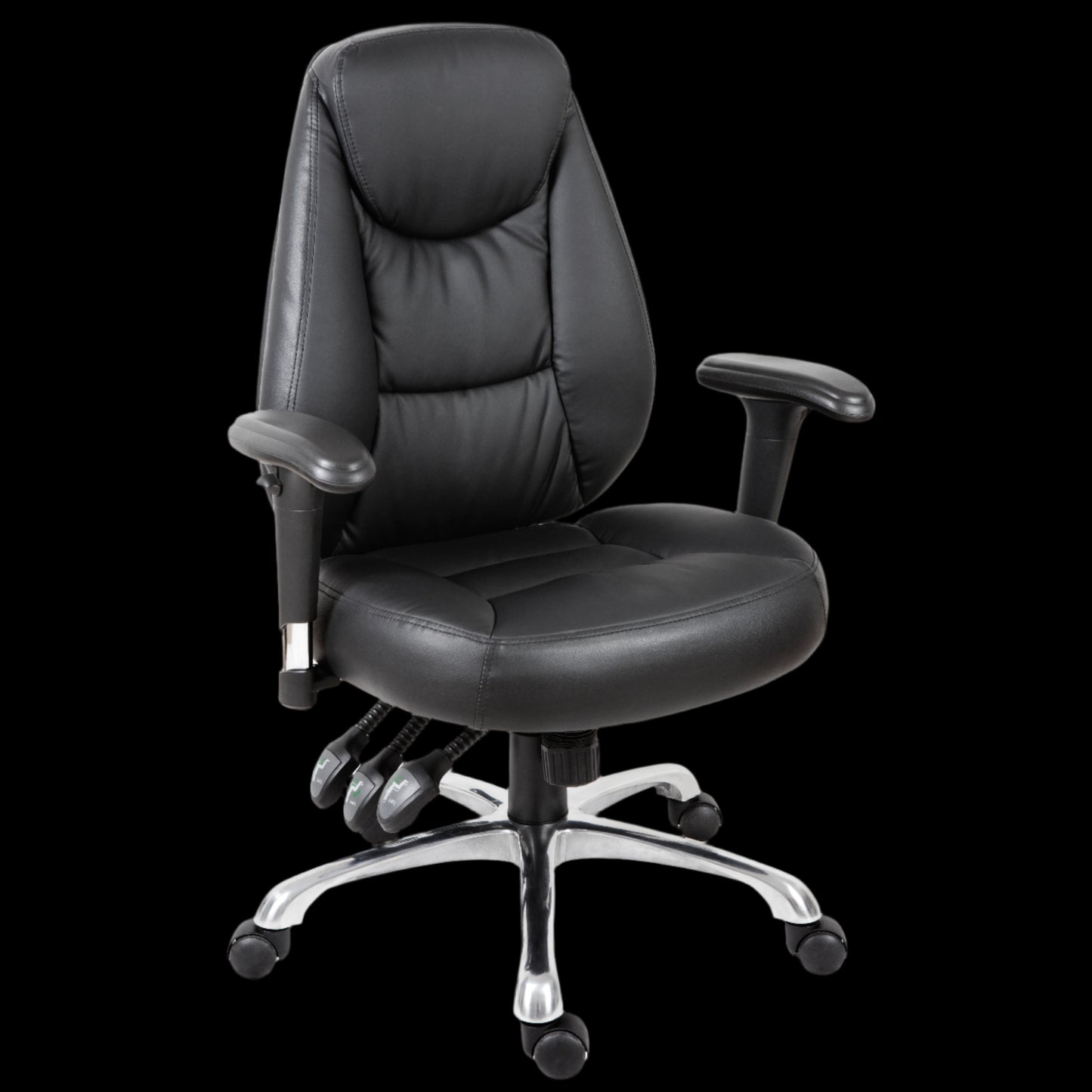 Black office chair with adjustable armrests on a black background