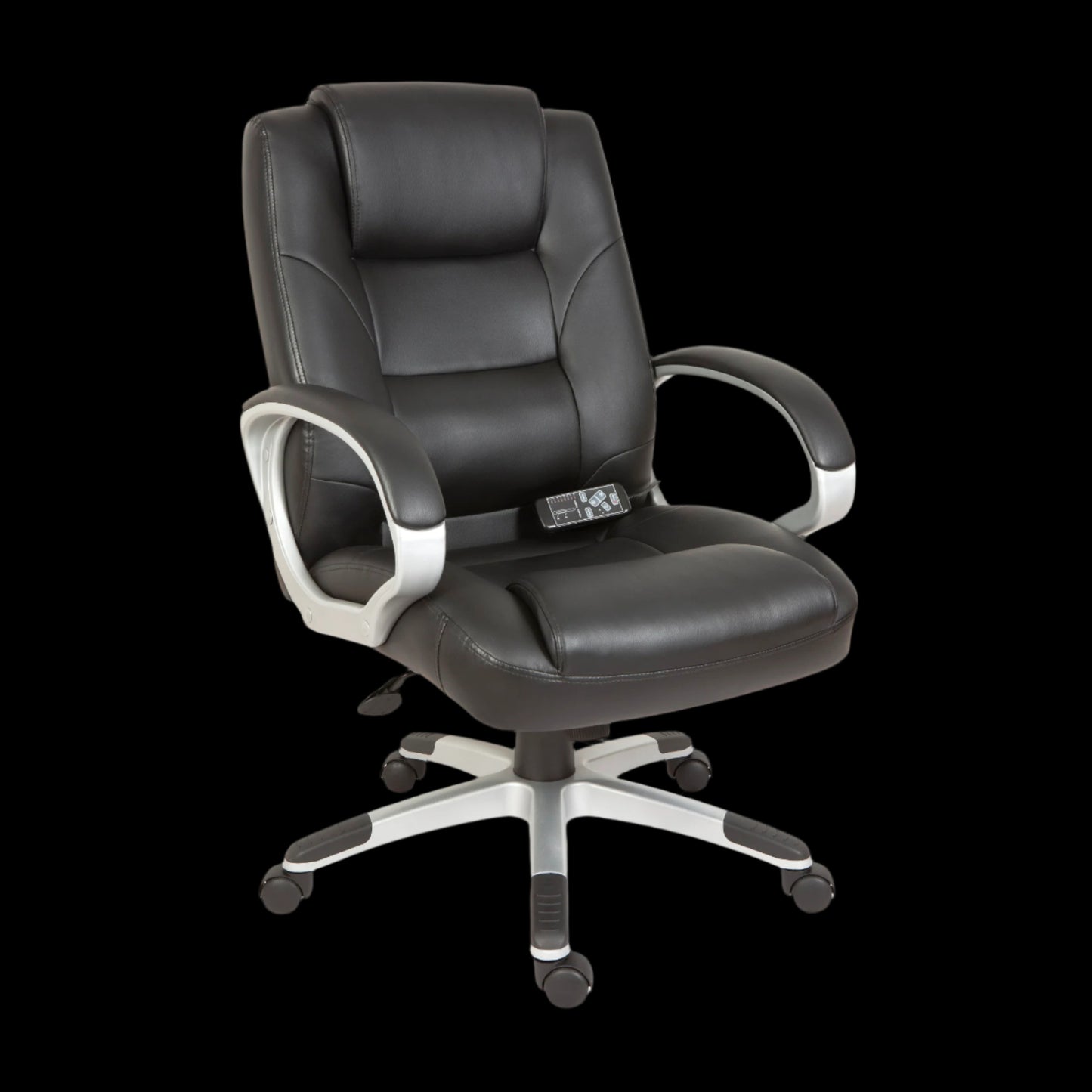 Black office chair with silver accents on a black background