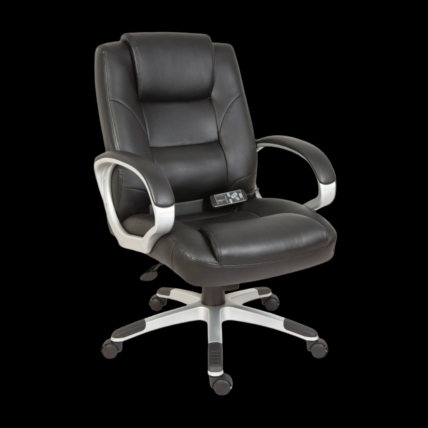 Black office chair with silver accents on a black background