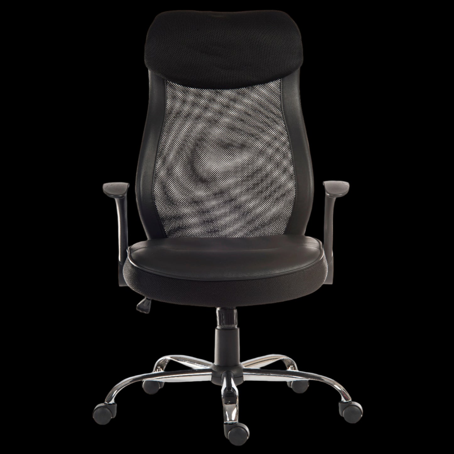 Black office chair with mesh backrest on a black background