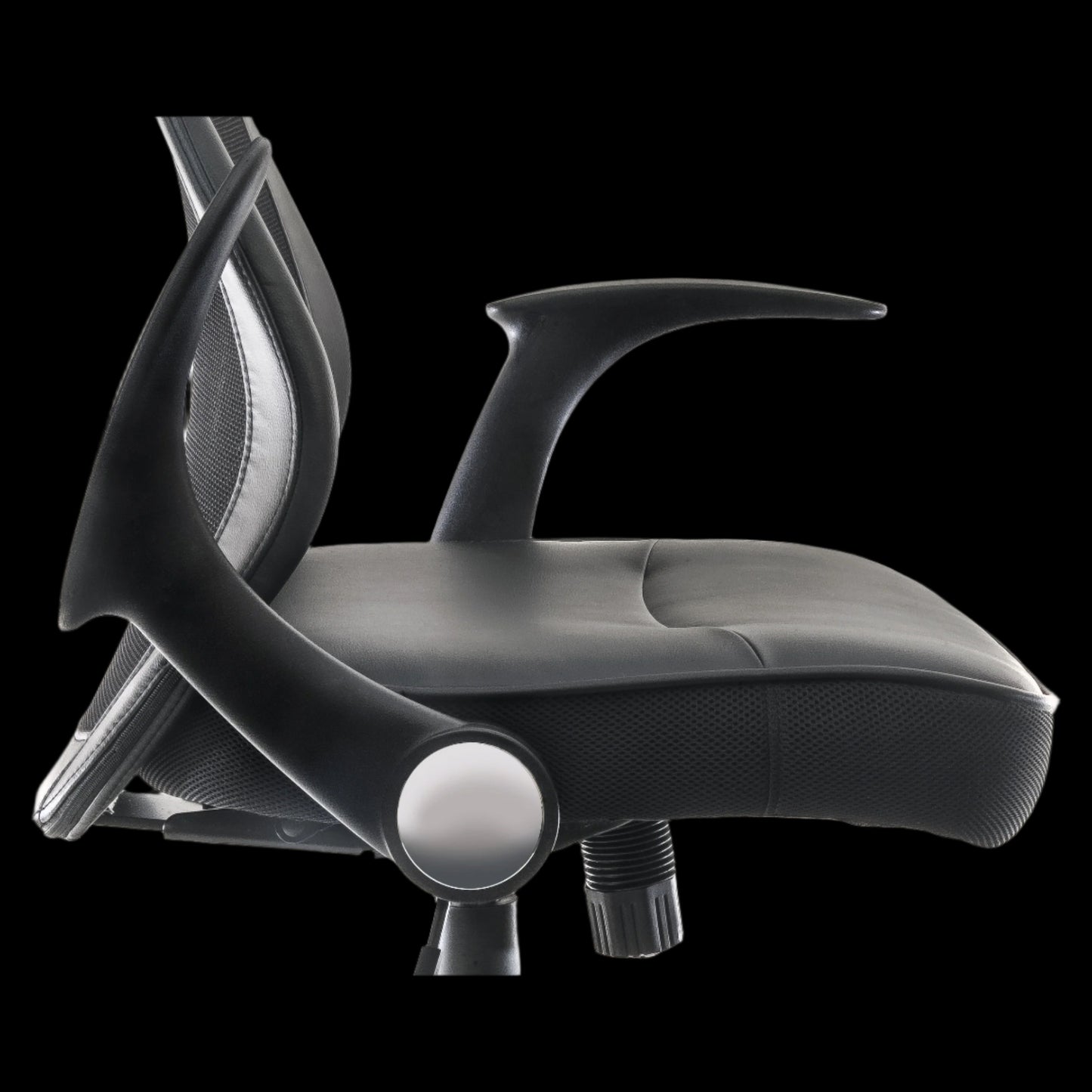 black office chair with mesh backrest on a black background