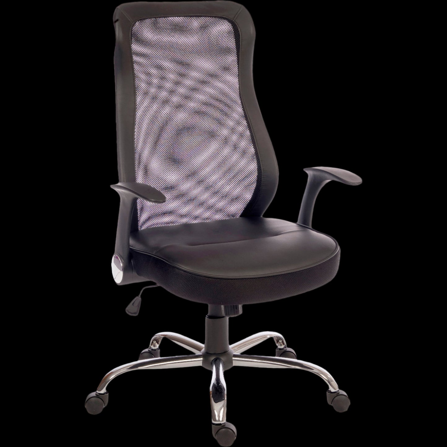Black office chair with mesh back on a black background