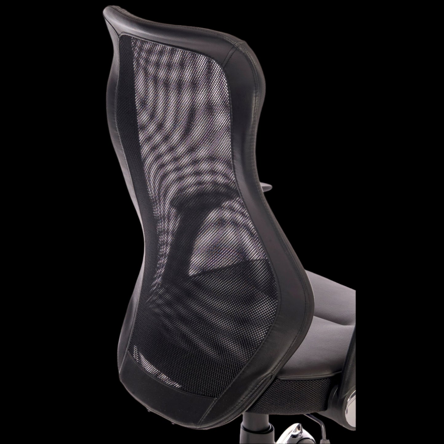 black office chair with mesh backrest on a black background