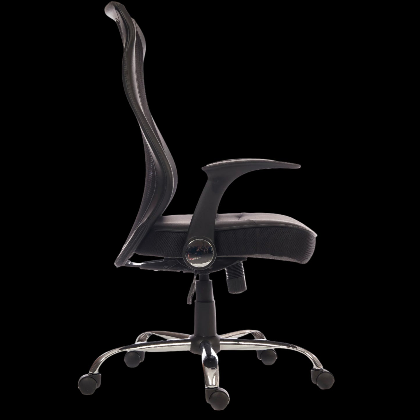 Black office chair with chrome base on a black background