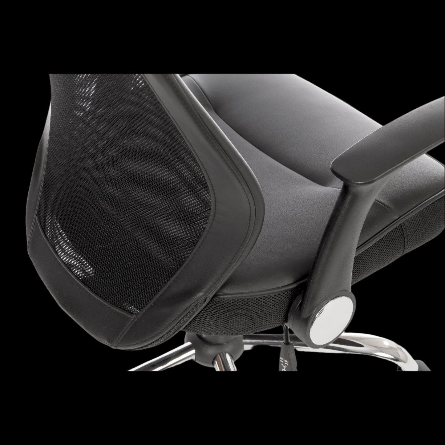 black office chair with mesh backrest on a black background