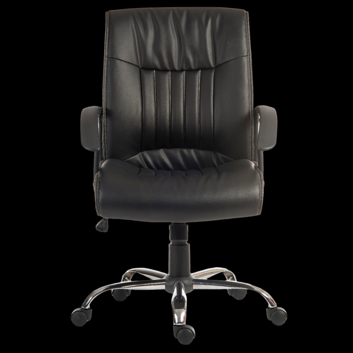 Black office chair with chrome base on a black background