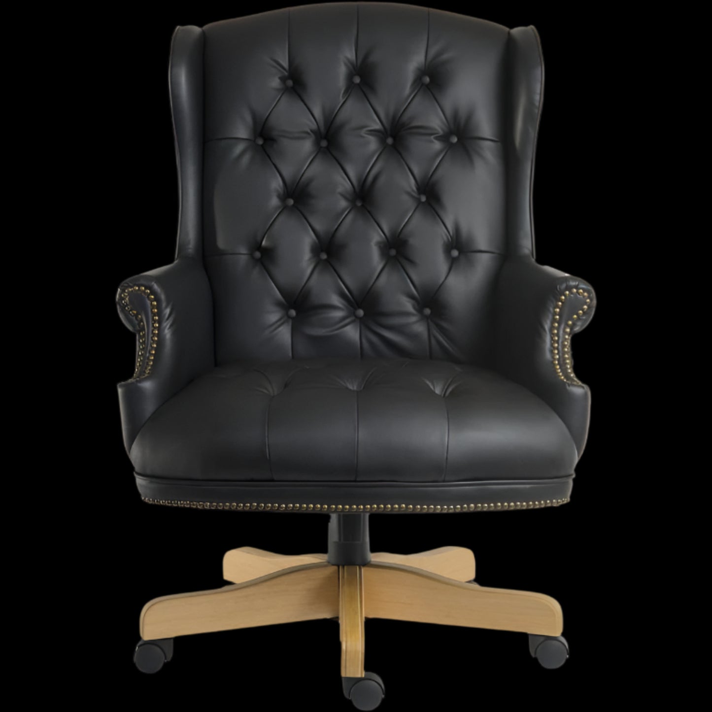 Black leather office chair with wooden base on a black background