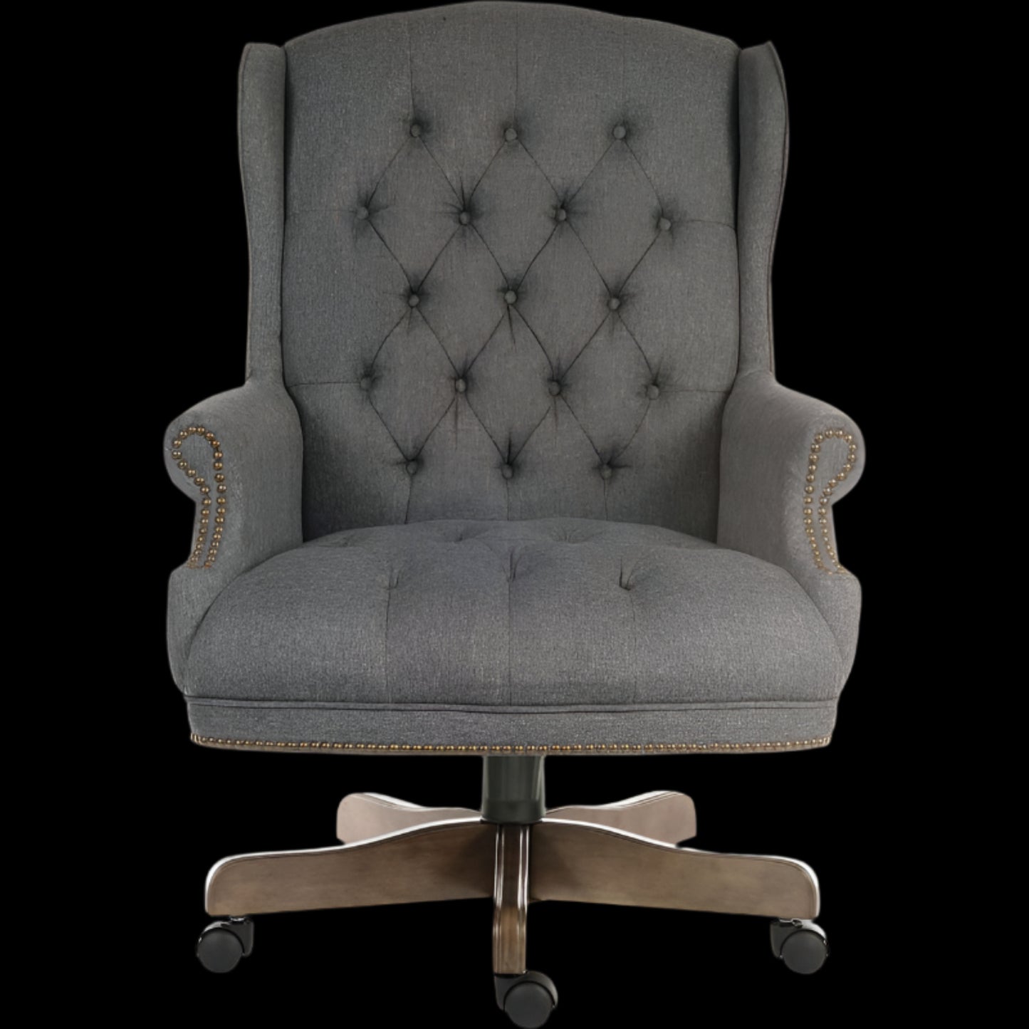 Gray tufted office chair with a black background