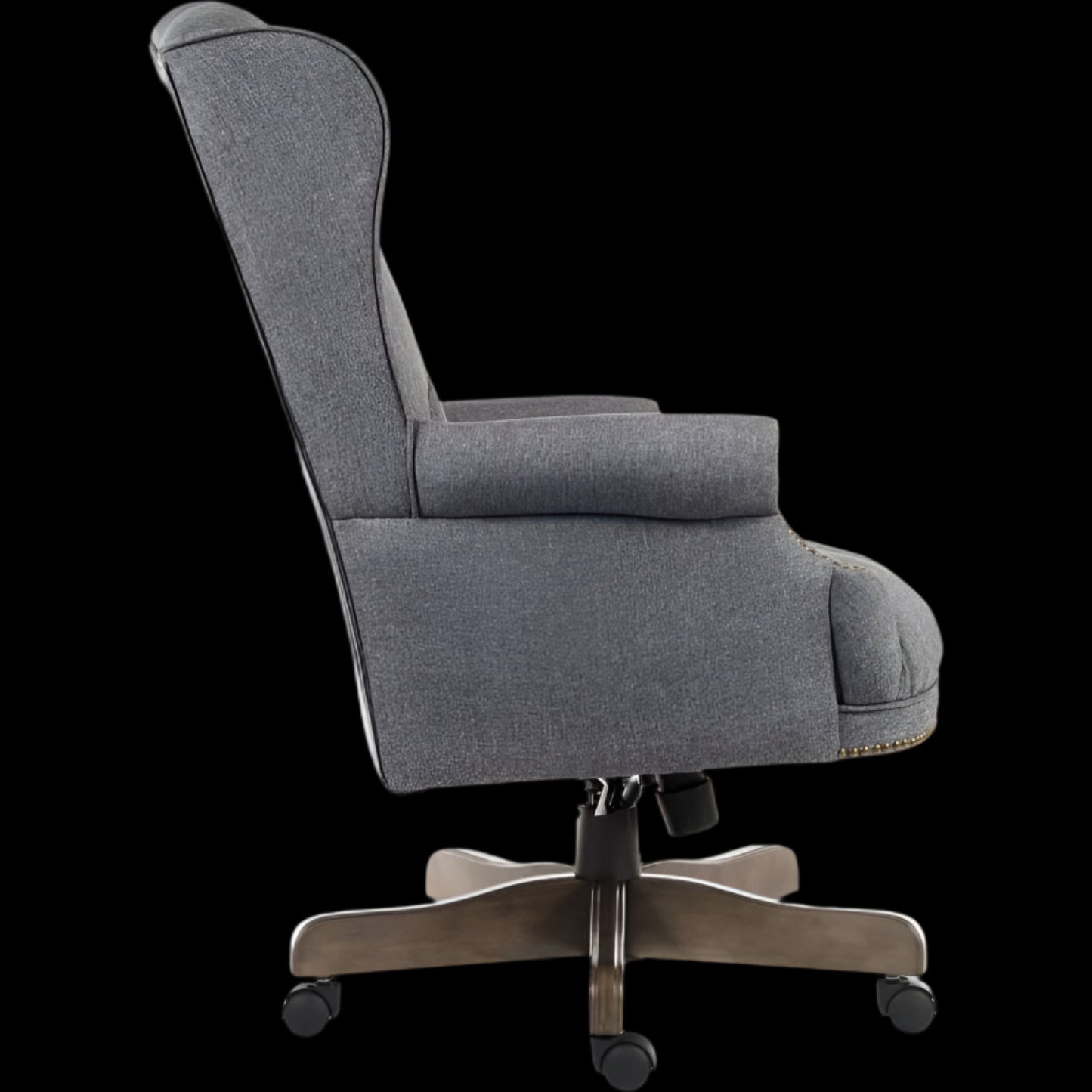 Gray office chair with a black background