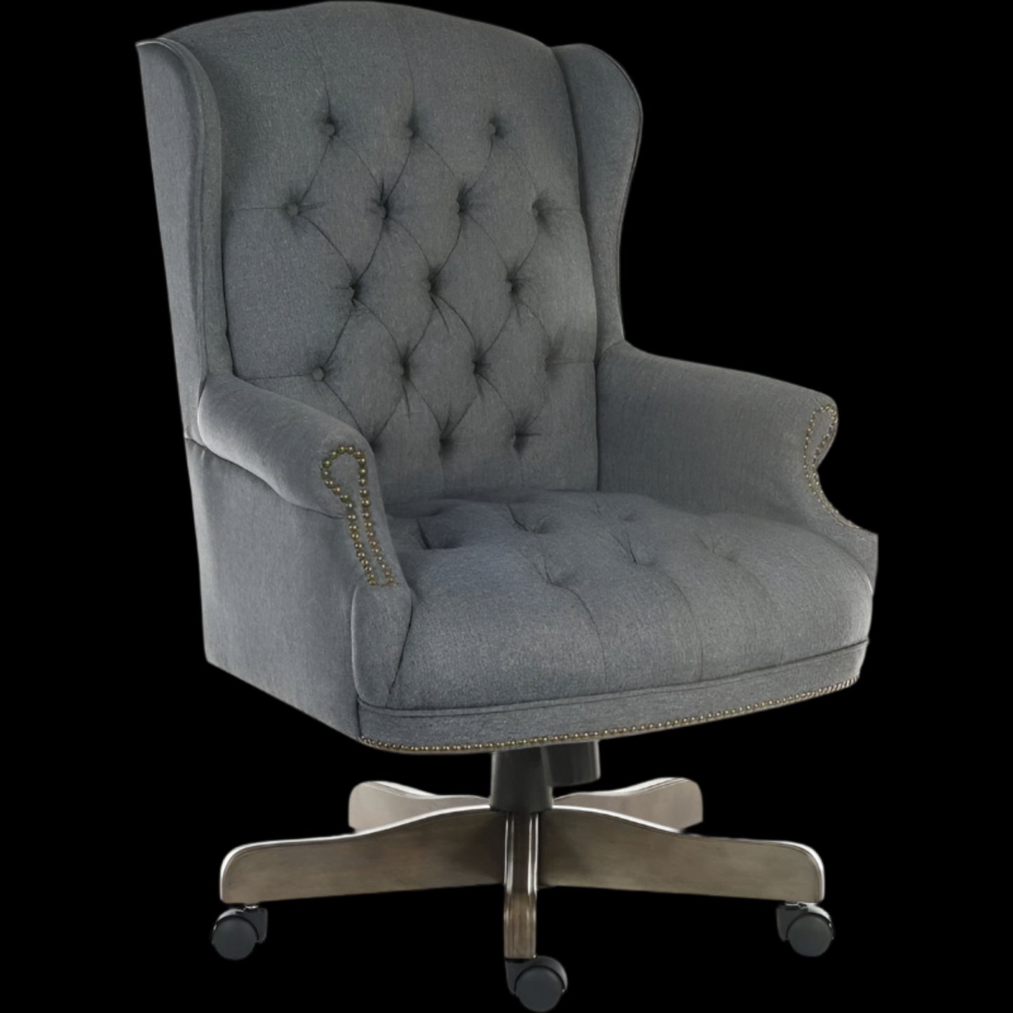 Gray tufted office chair with chrome base on a black background