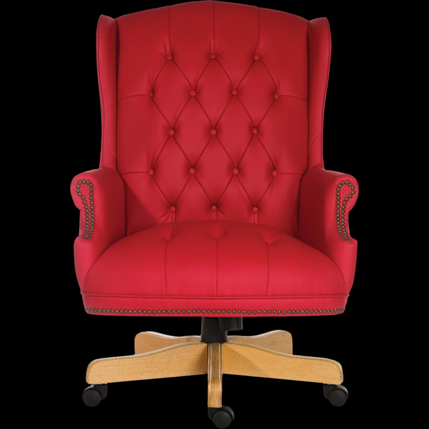 Red tufted office chair with wooden base on a black background