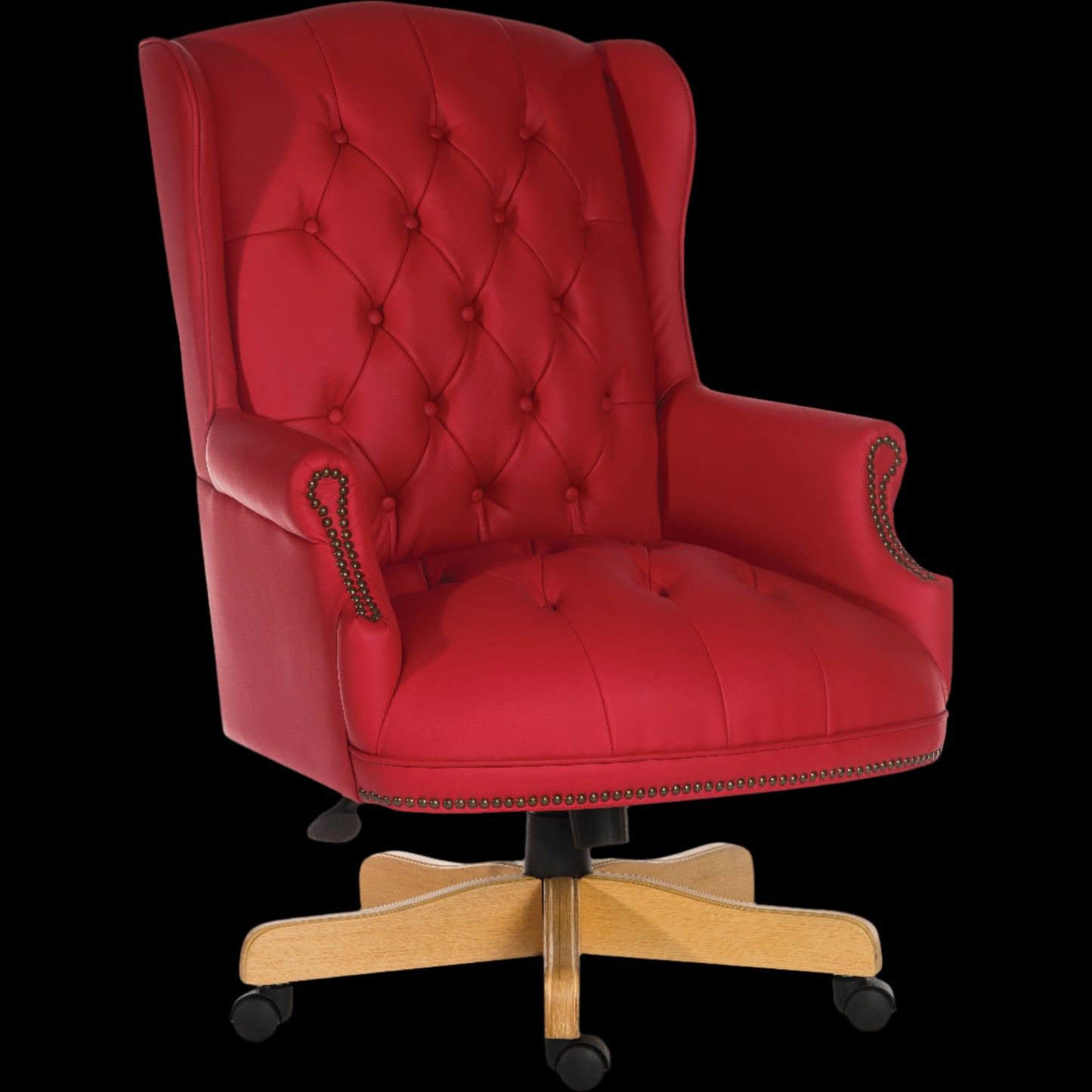 Red leather office chair with wooden base on a black background