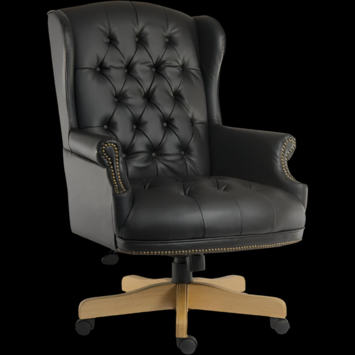 Black leather office chair with wooden base on a black background