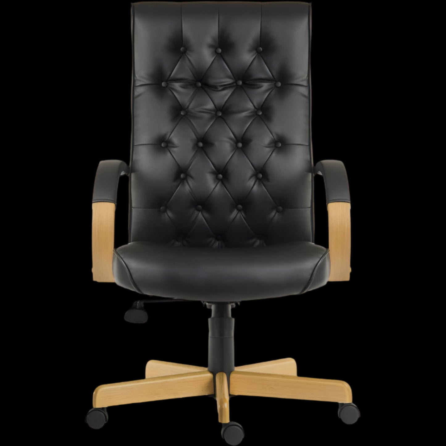 Black office chair with wooden armrests and base on a black background