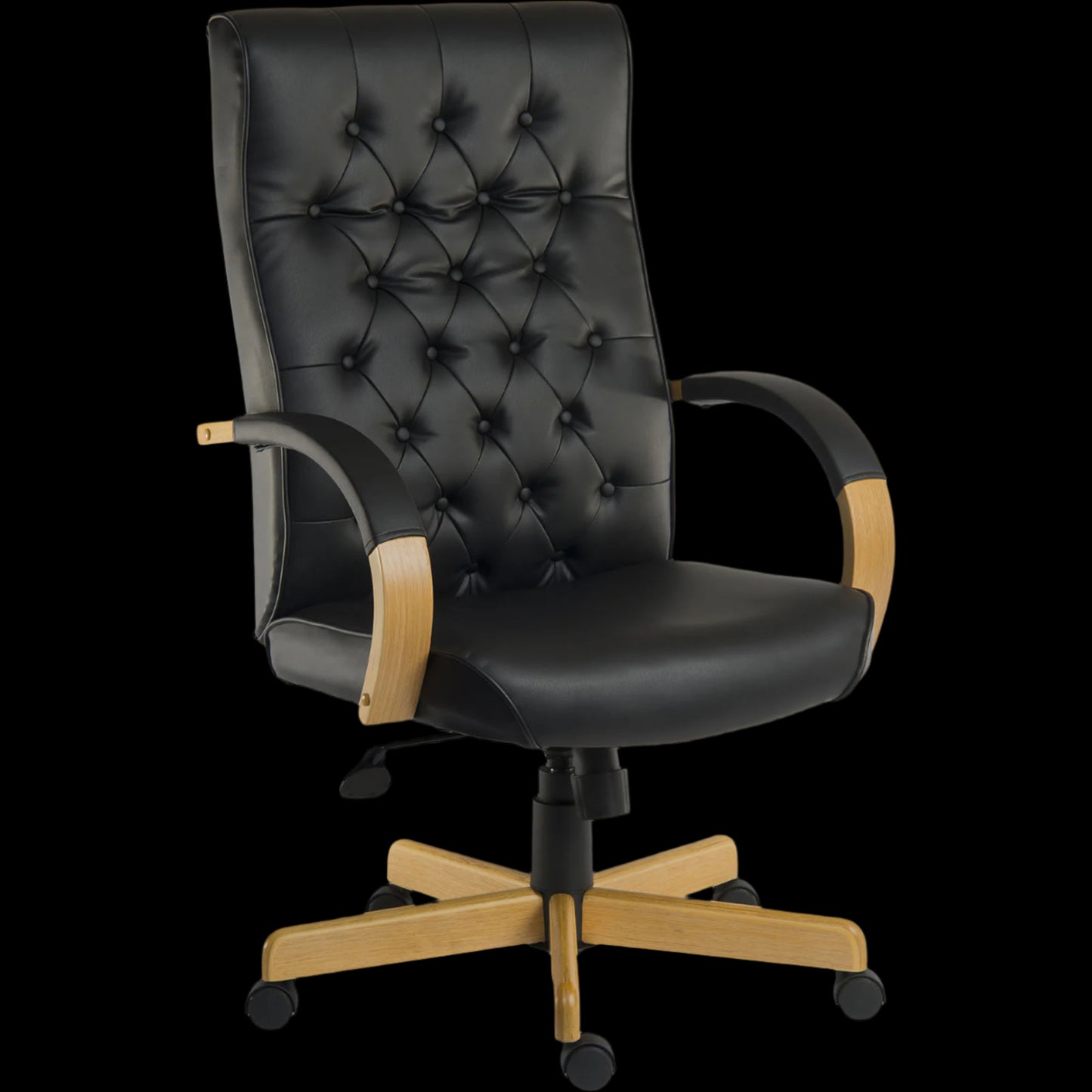 Black office chair with wooden armrests and legs on a black background