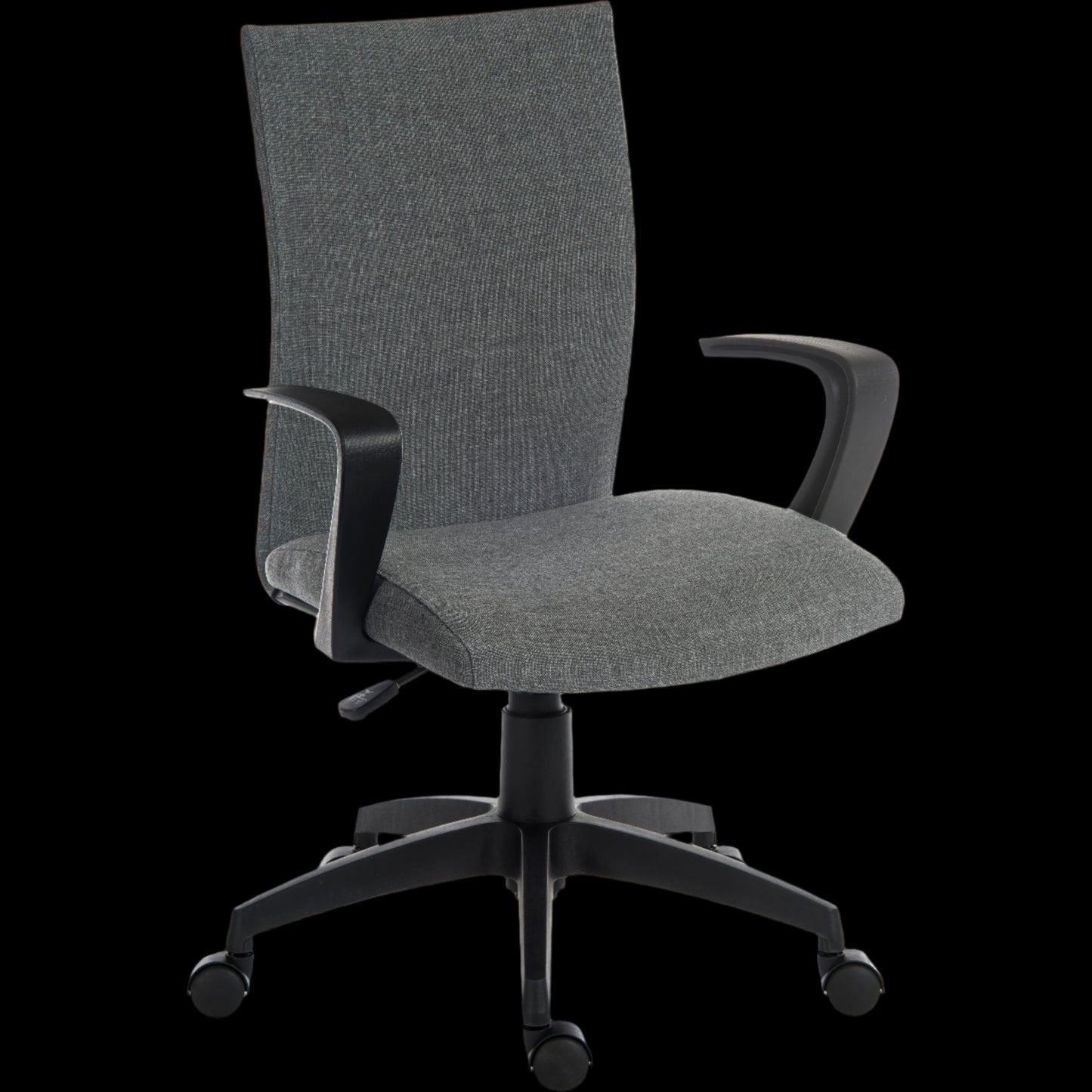 Gray office chair with a black base on a black background