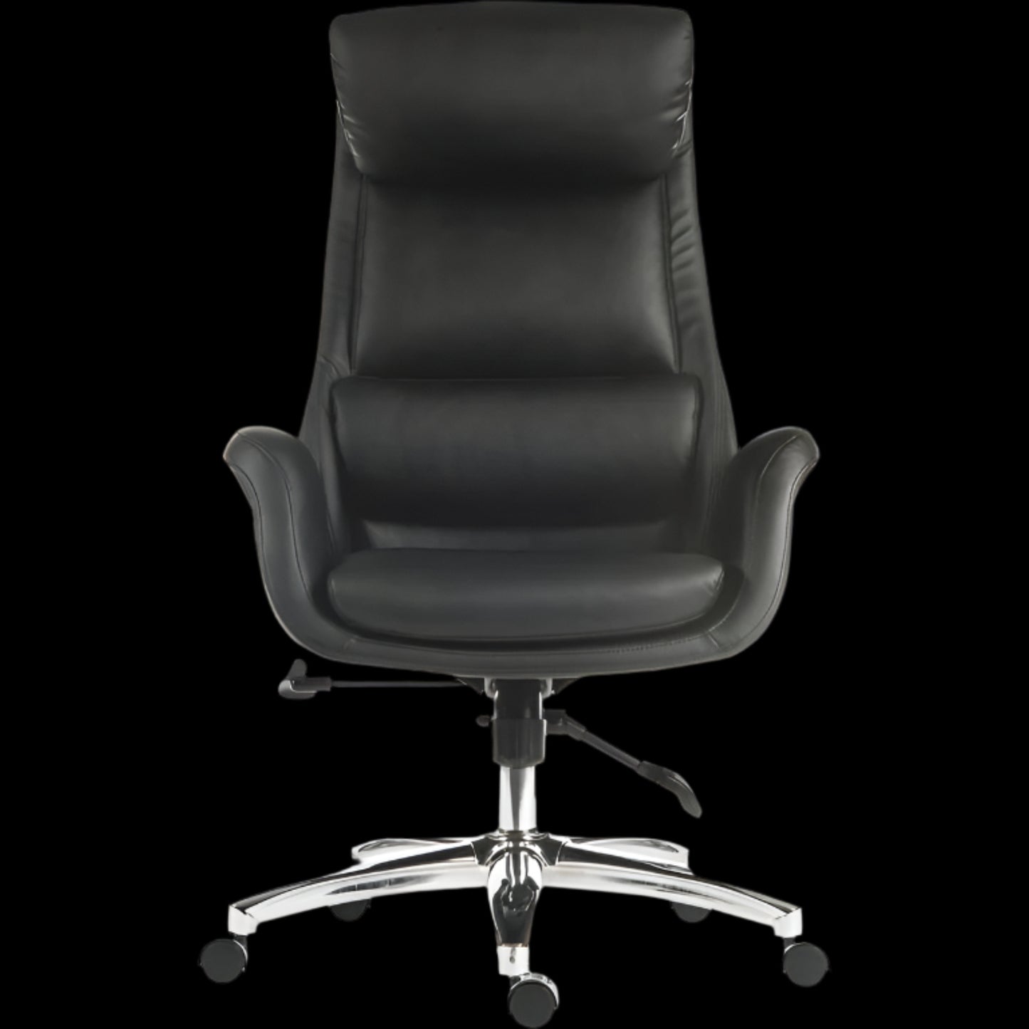 Black office chair with a high backrest on a black background