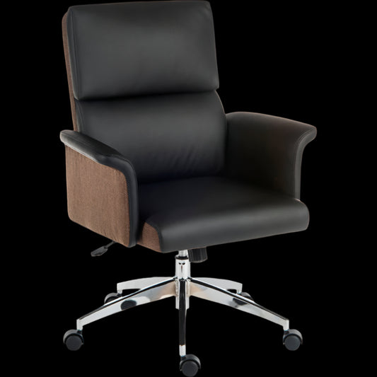 Black office chair with wooden armrests on a black background