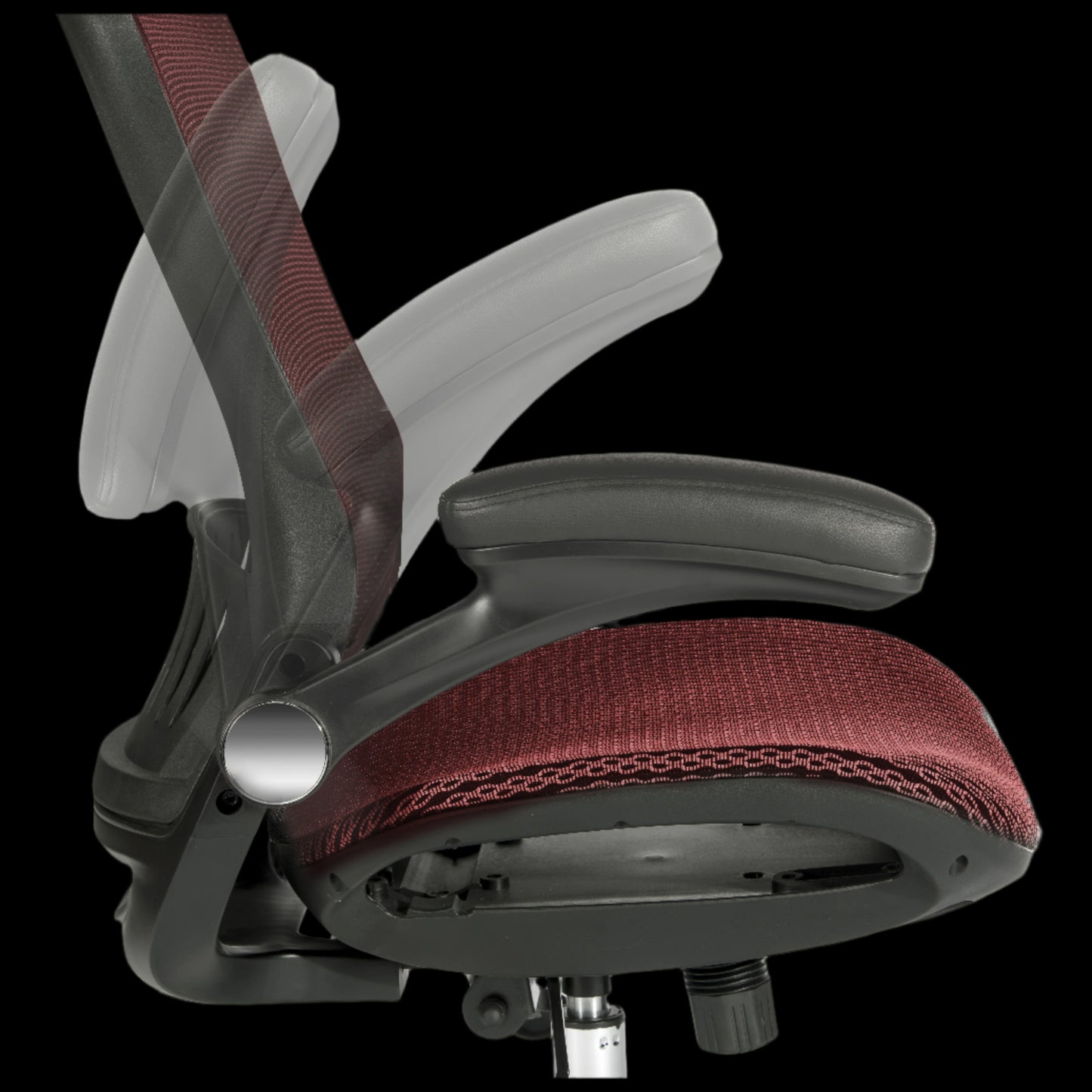 Ergonomic office chair with red and black design on a black background