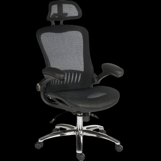 Black office chair with mesh back and adjustable armrests on a black background