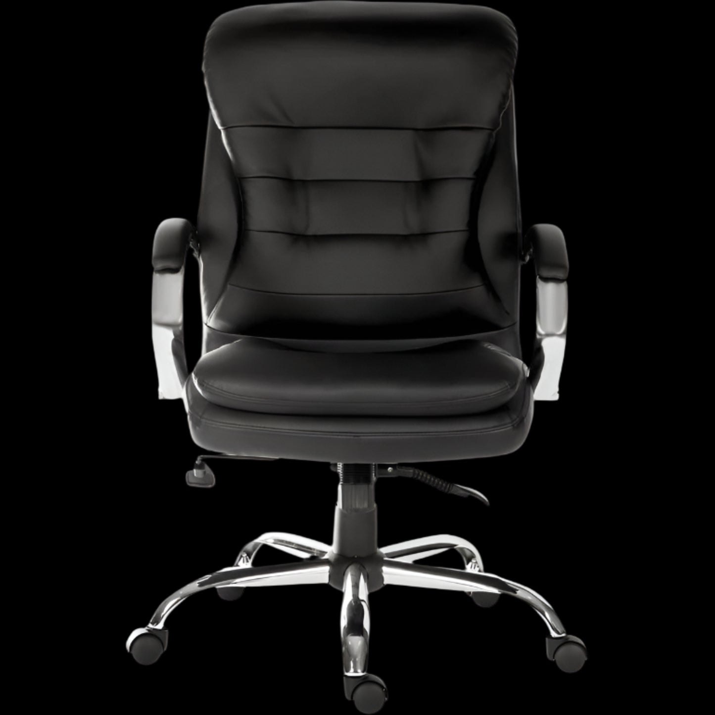Black office chair with chrome base on a black background