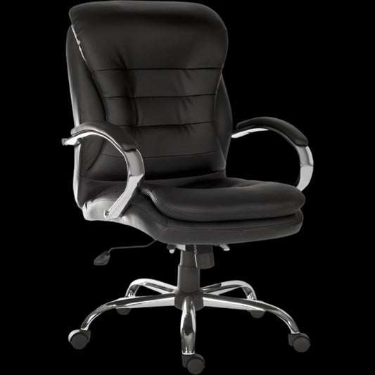 Black office chair with chrome base on a black background