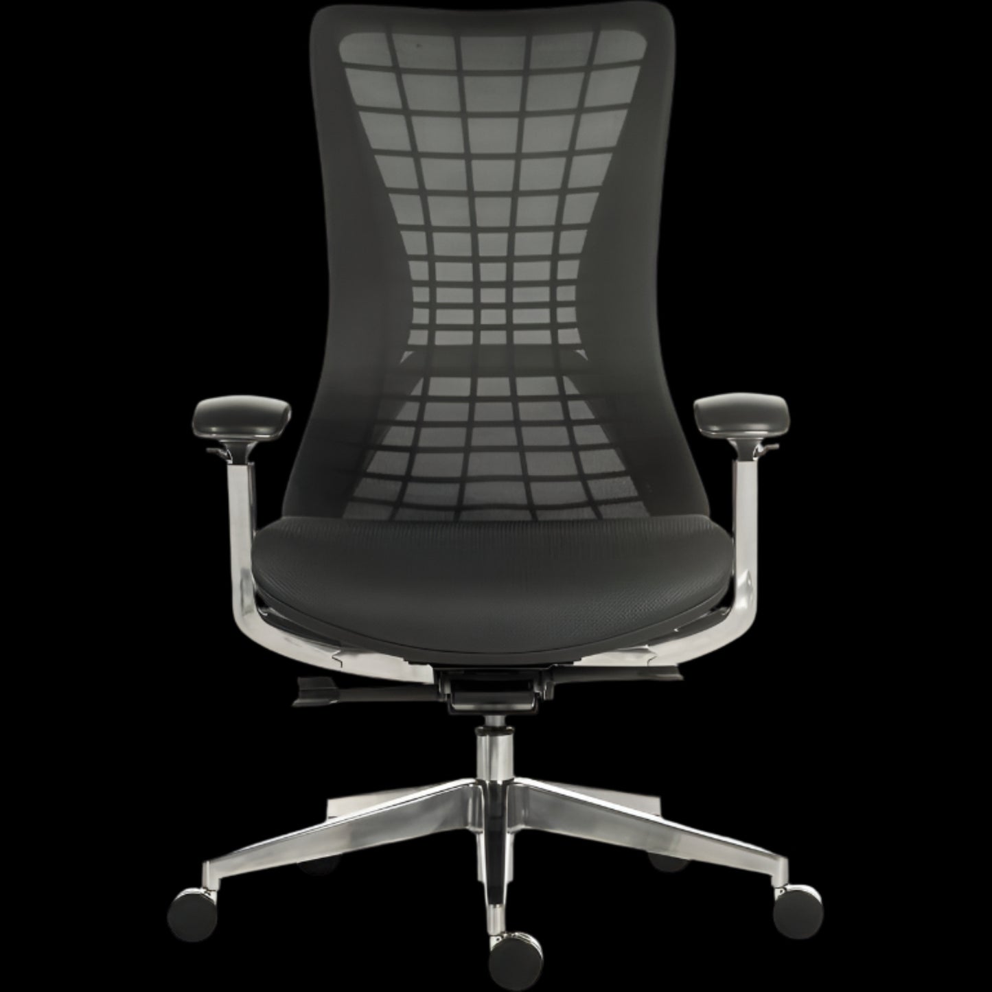 Black office chair with mesh back on a black background