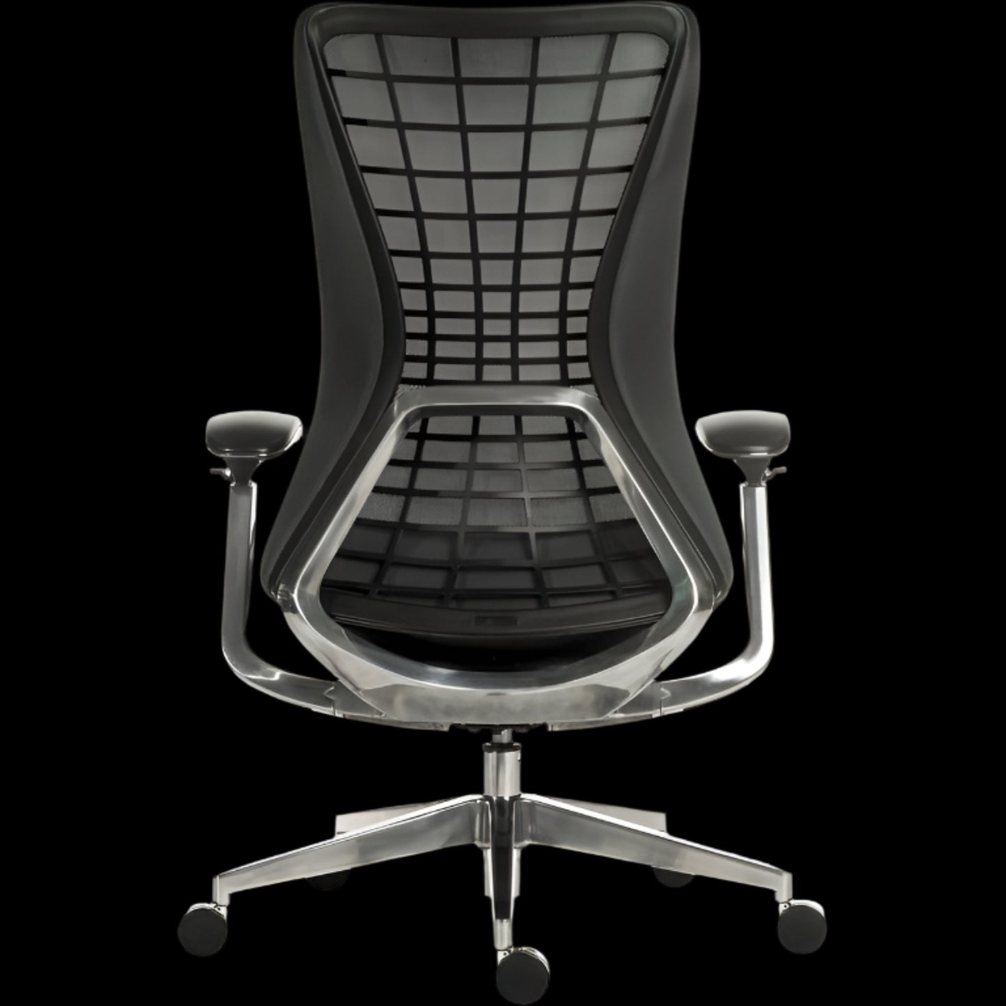 Black office chair with mesh back on a black background