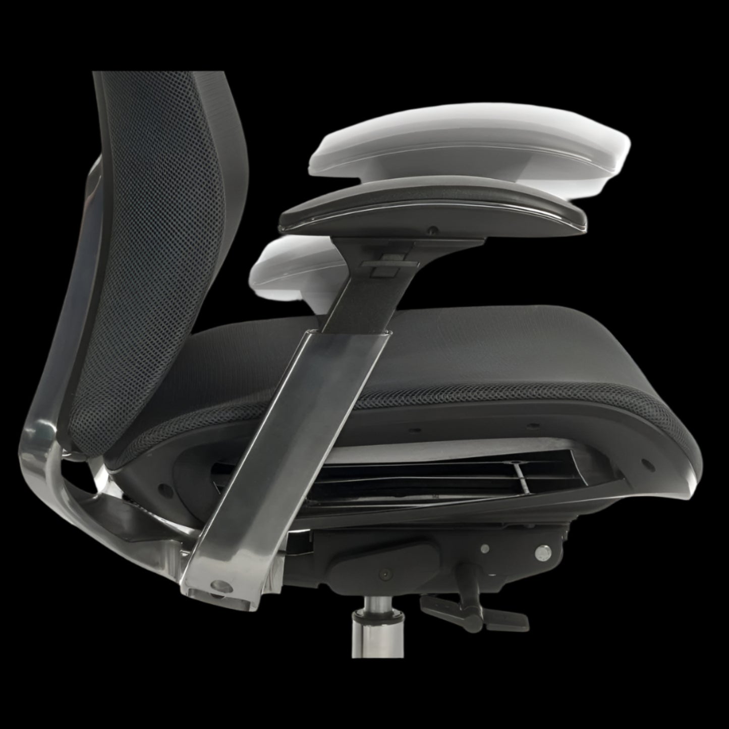 Ergonomic office chair with headrest and adjustable armrests on a black background