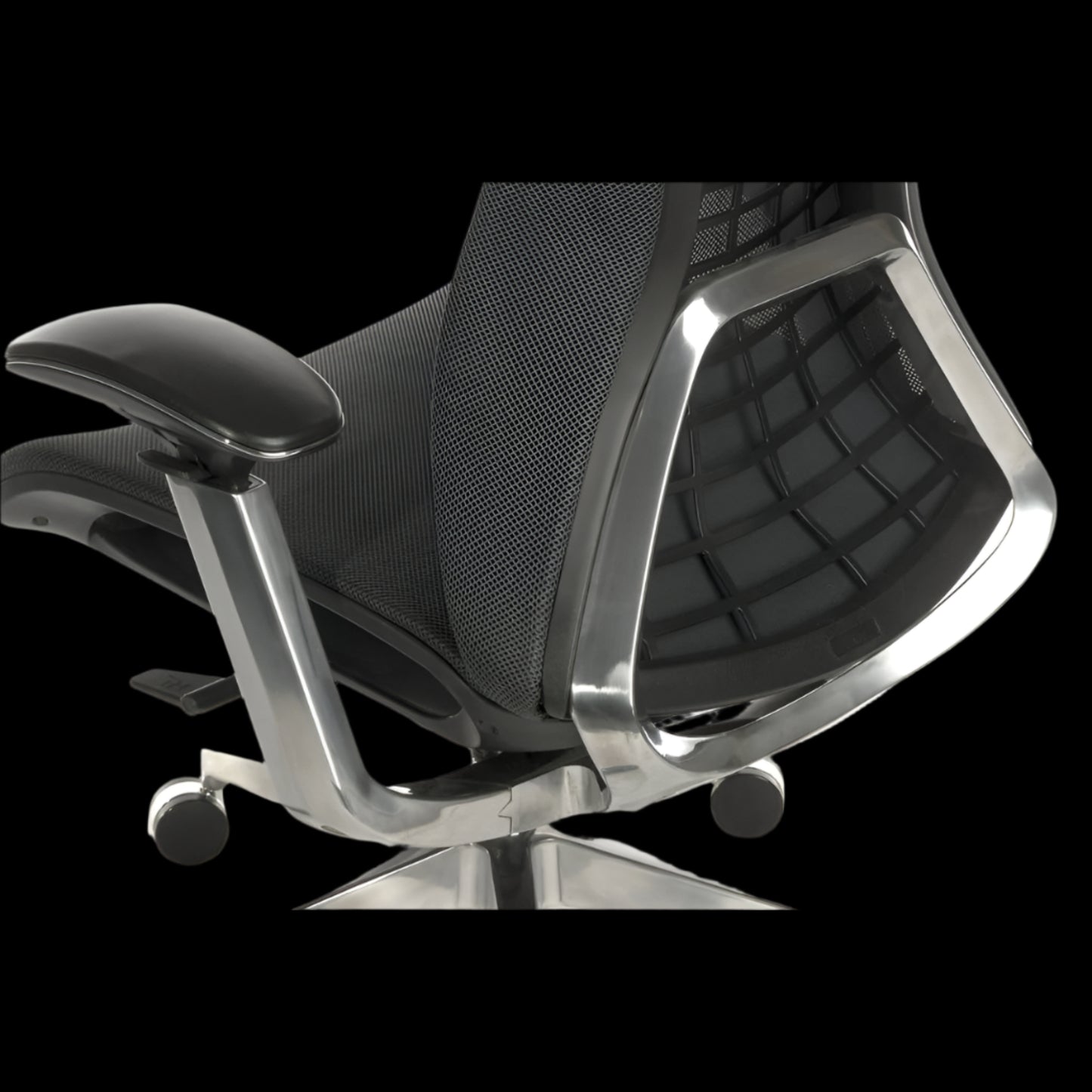 Black office chair with mesh backrest and armrests on a black background