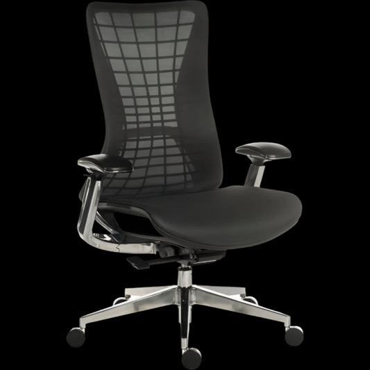 Black office chair with mesh backrest on a black background