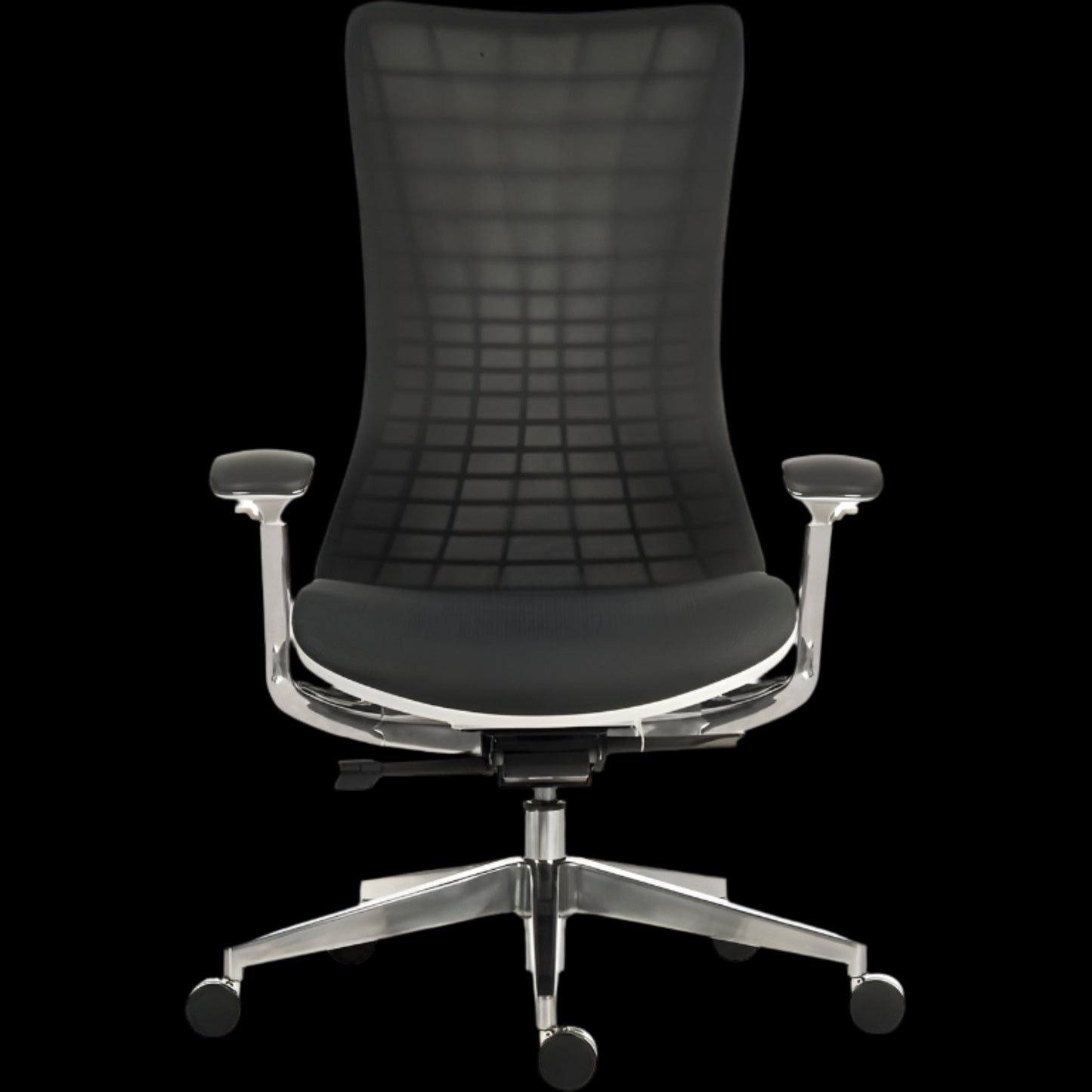 Black office chair with grid backrest on a black background