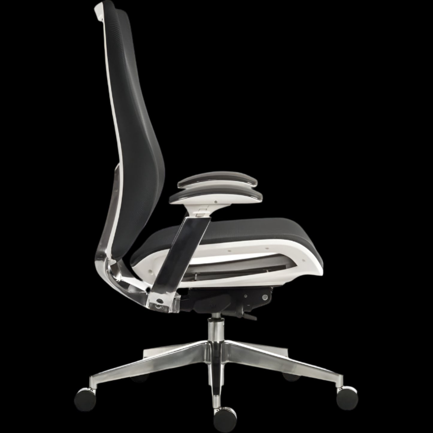Ergonomic office chair with black and white design on a black background