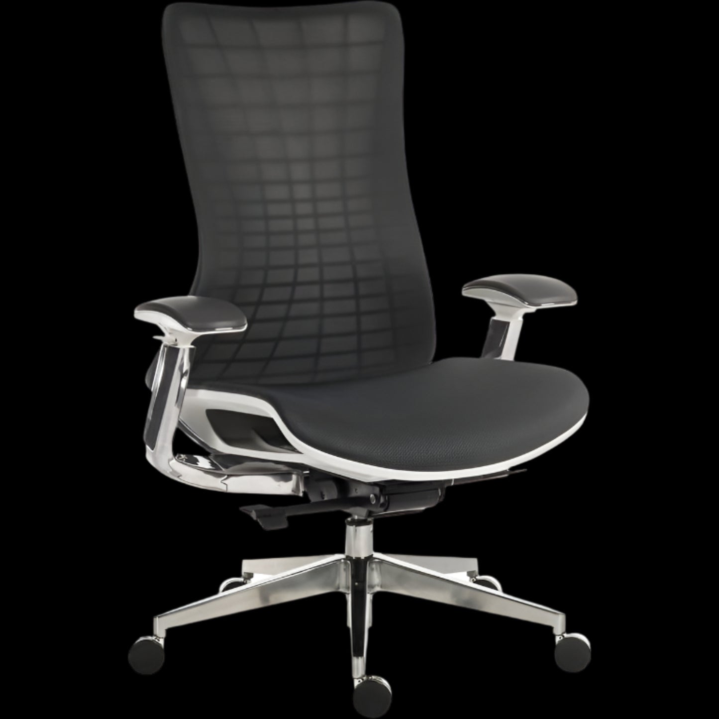 Black office chair with chrome base on a black background