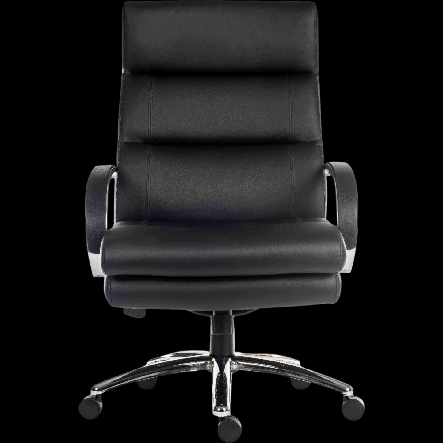 Black office chair with a high backrest on a black background