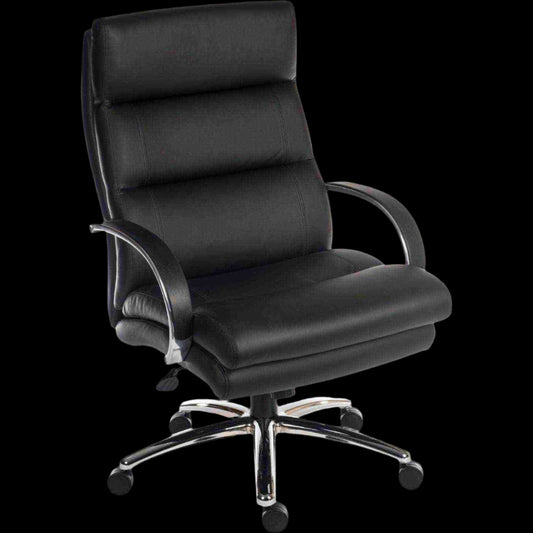 Black office chair with chrome base on a black background