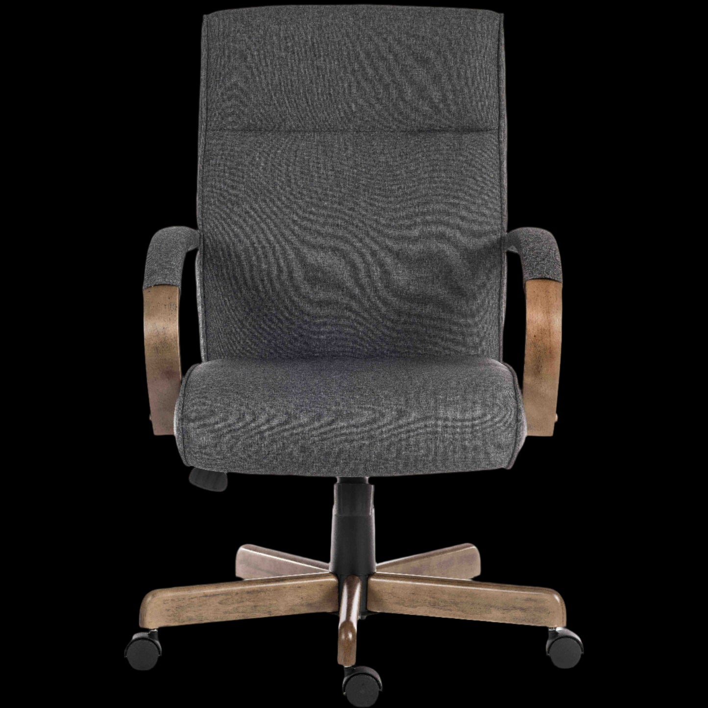 Gray office chair with wooden armrests and base on a black background