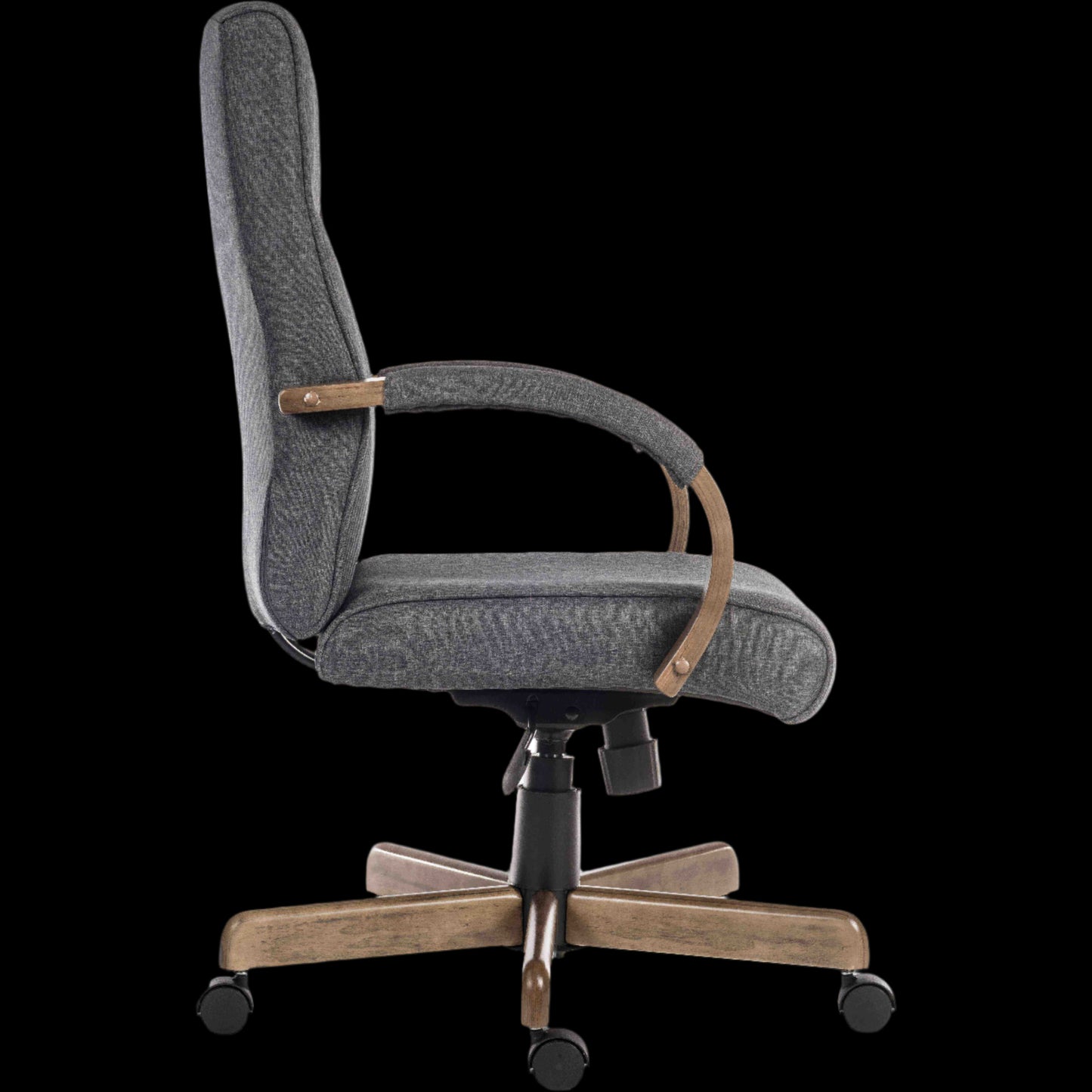 Gray office chair with wooden accents on a black background